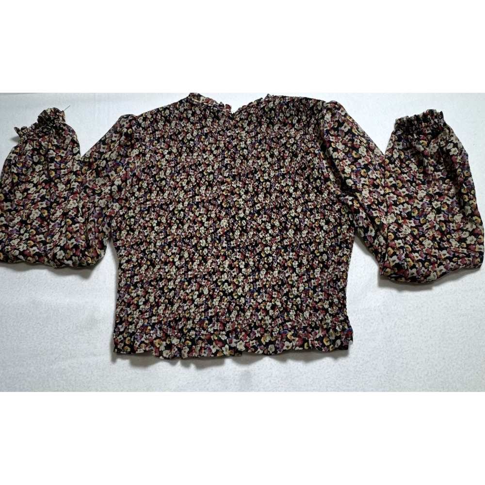 VICI Floral Smocked Puff Sleeve Blouse Medium Black Multicolor Ruffle Neck Top - Picture 7 of 9